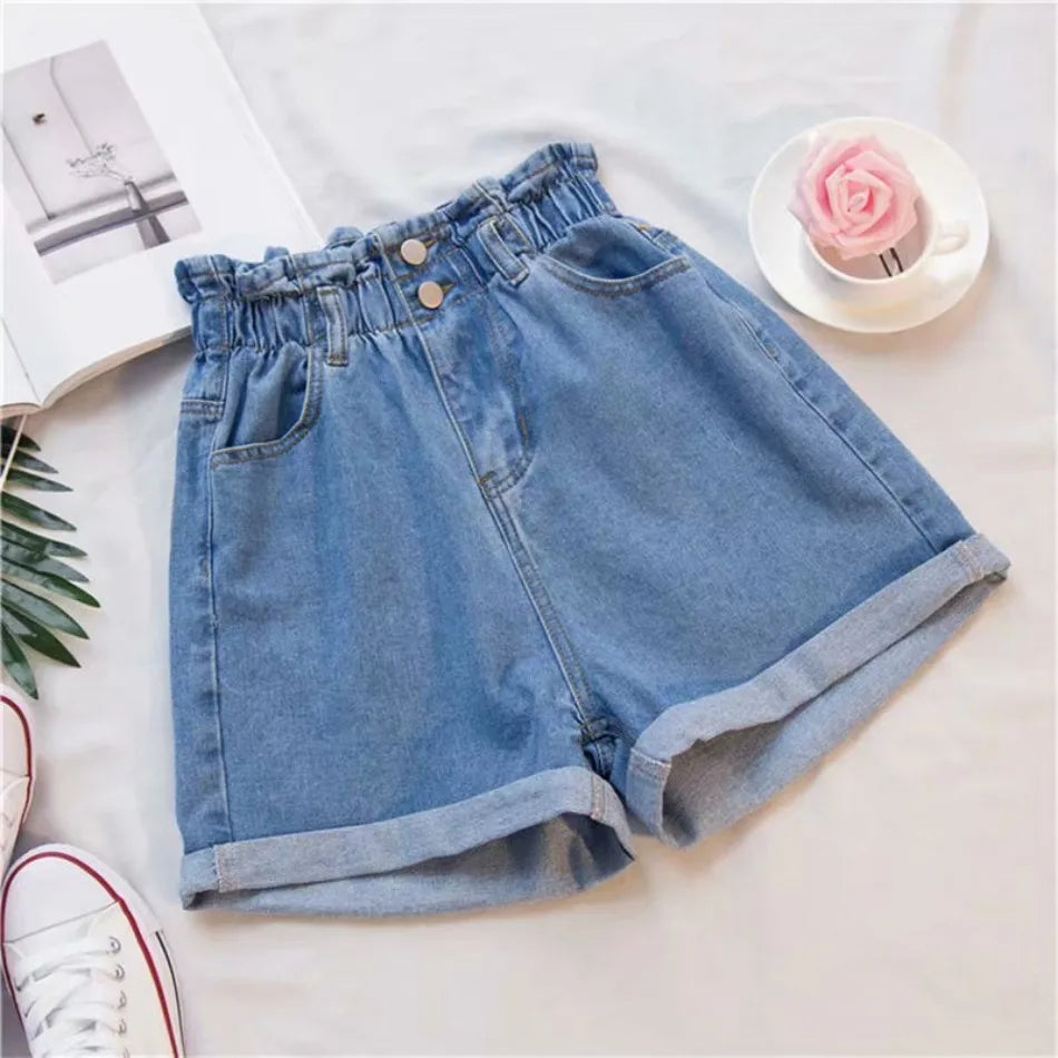 Short en denim en coton bleu taille élastique MAEJORKEN
