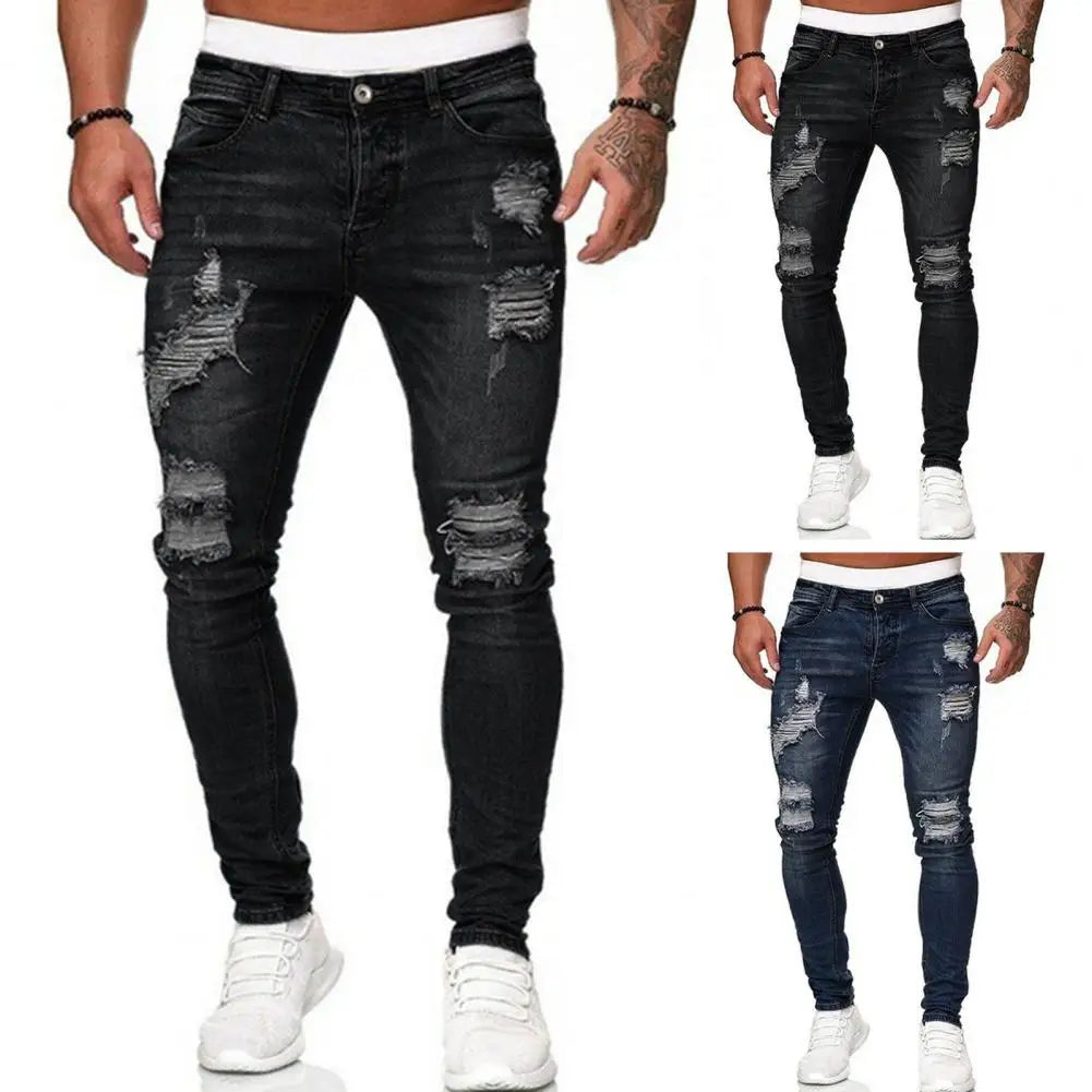 Jeans coupe ajustée déchiré plissé genou du M au 3XL