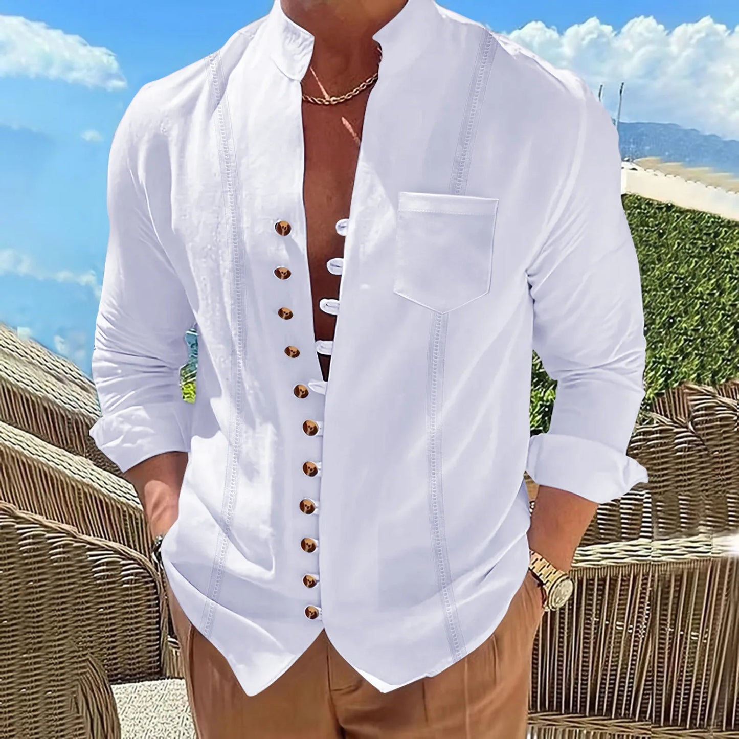 Chemise à manches longues en coton et lin du S au 3XL