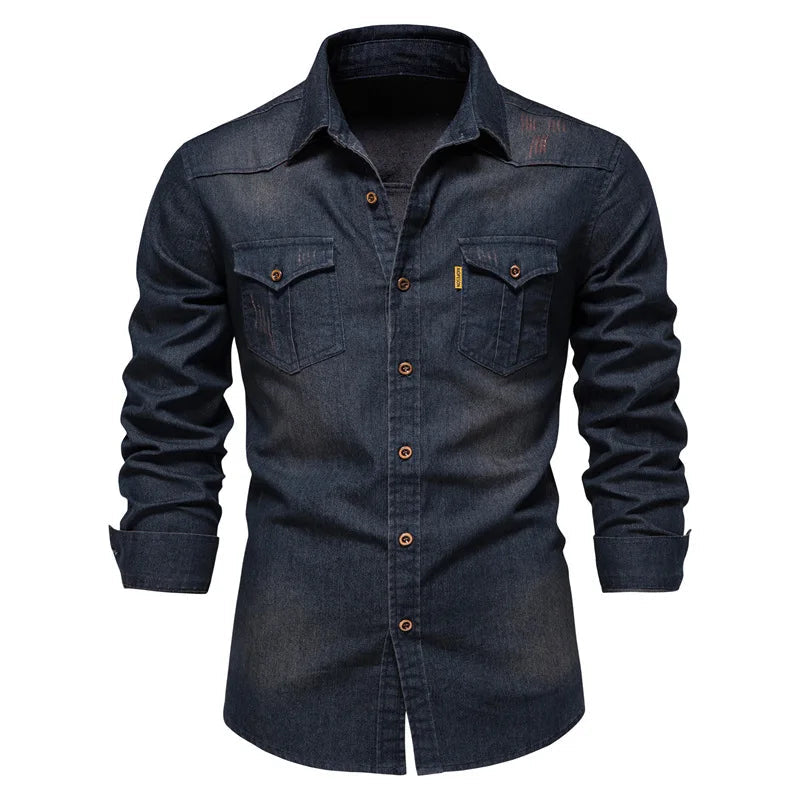 Chemise en denim en coton élastique pour hommes, manches longues, poche pour documents, chemises monochromes pour hommes, coupe couvertes décontractée, vêtements de créateurs, haute qualité MAEJORKEN