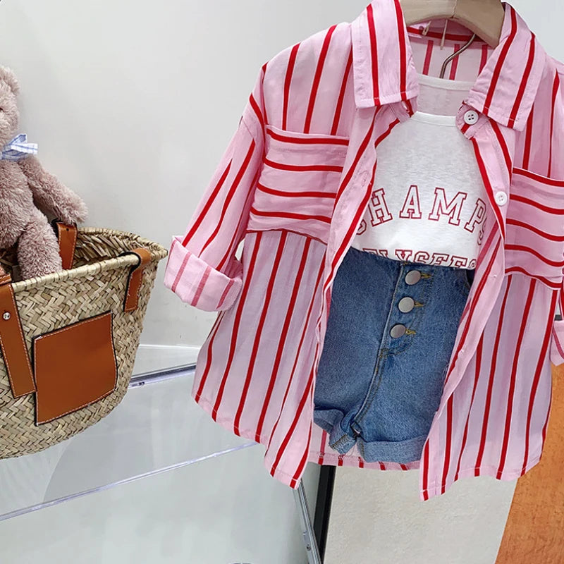 Ensemble 3 pièces chemise rayée à manches longues + débardeur + short en Denim de 3 a 7 ans