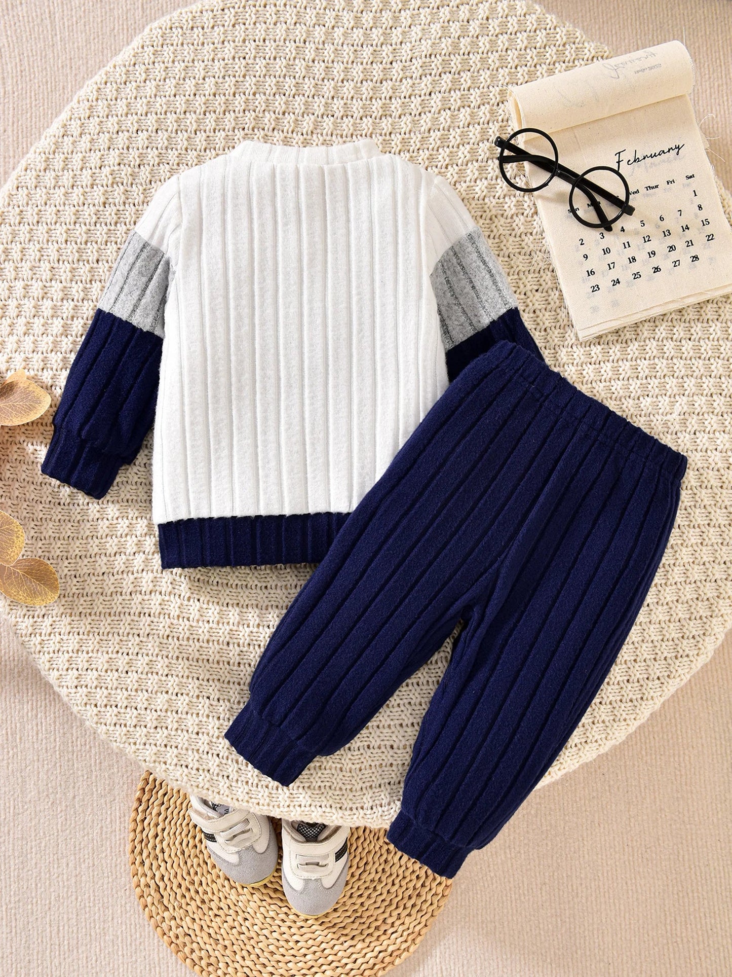 VISgogo 0-3 ans garçons automne 2 pièces ensembles de vêtements à manches longues col rond Patchwork pull couleur unie pantalon MAEJORKEN