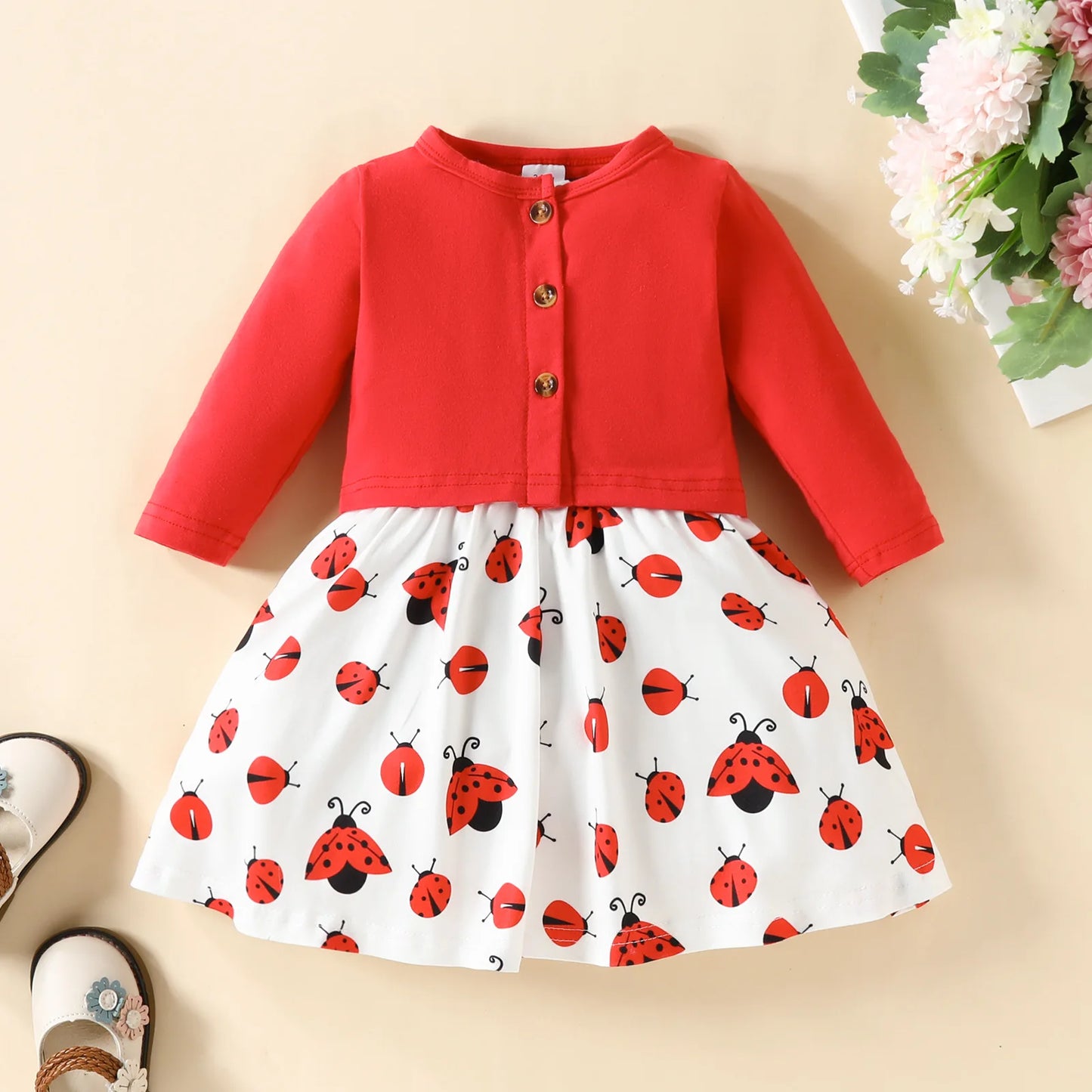 Ensemble 3 pièces robe et veste à manche longue avec nœud pour bébé filles du 6 mois au 3 ans
