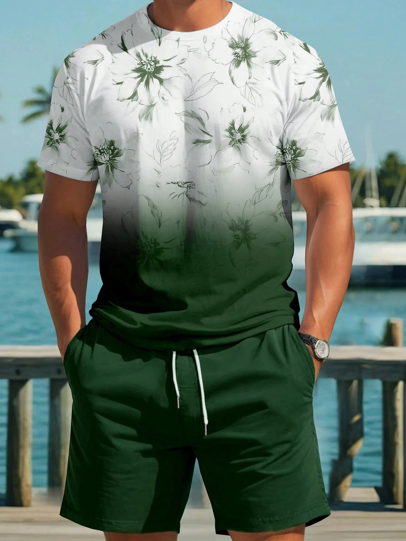 Ensemble deux pièces à manches courtes palmier Shorts à cordon du XS au 6XL MAEJORKEN