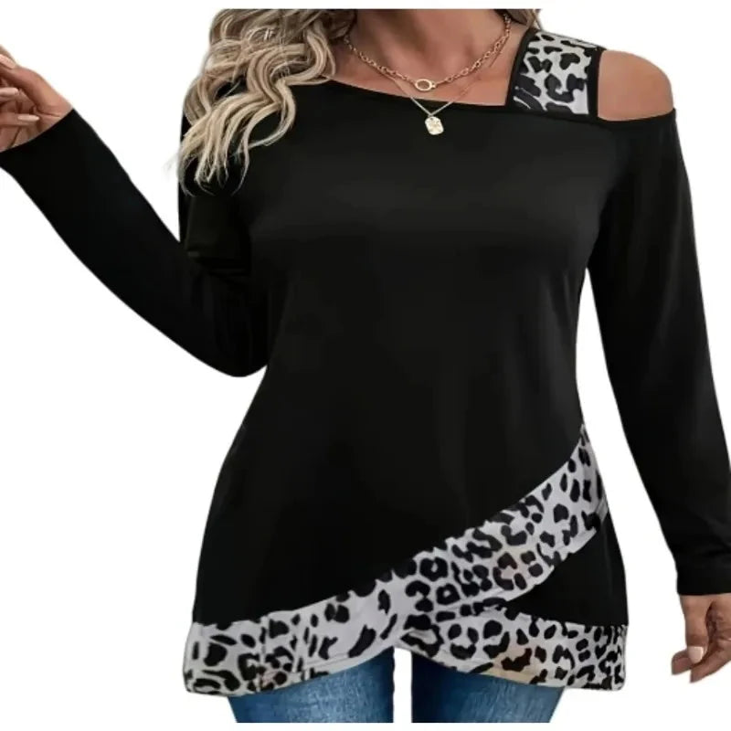 T-shirt long à épaules dénudées couleur bloquée à manches longues grande taille du XL au 5XL MAEJORKEN