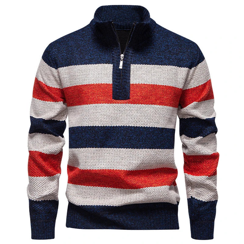 2025 automne hiver tricot pulls hommes Patchwork rayé mode col montant tirer sur tricoté pull homme épais chaud tricots MAEJORKEN