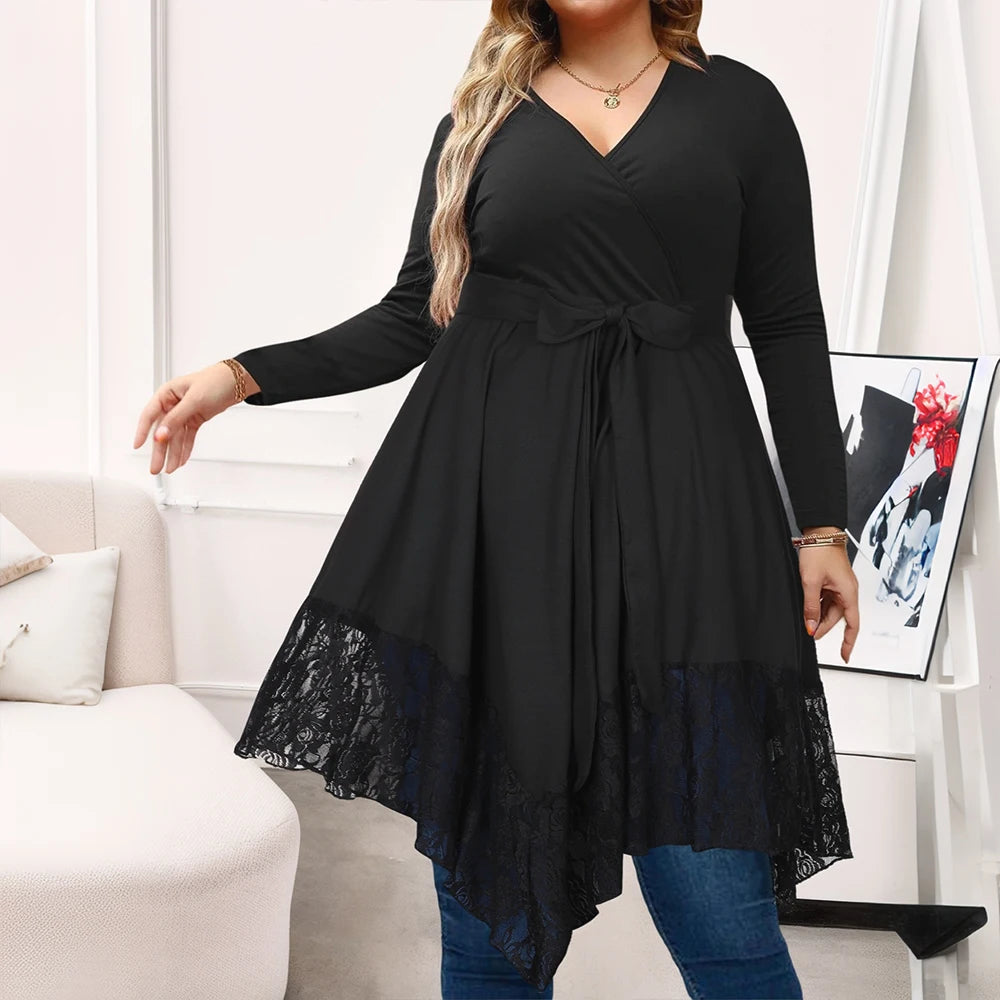 Robes chemise en Y à col en V manches longues, grande taille
