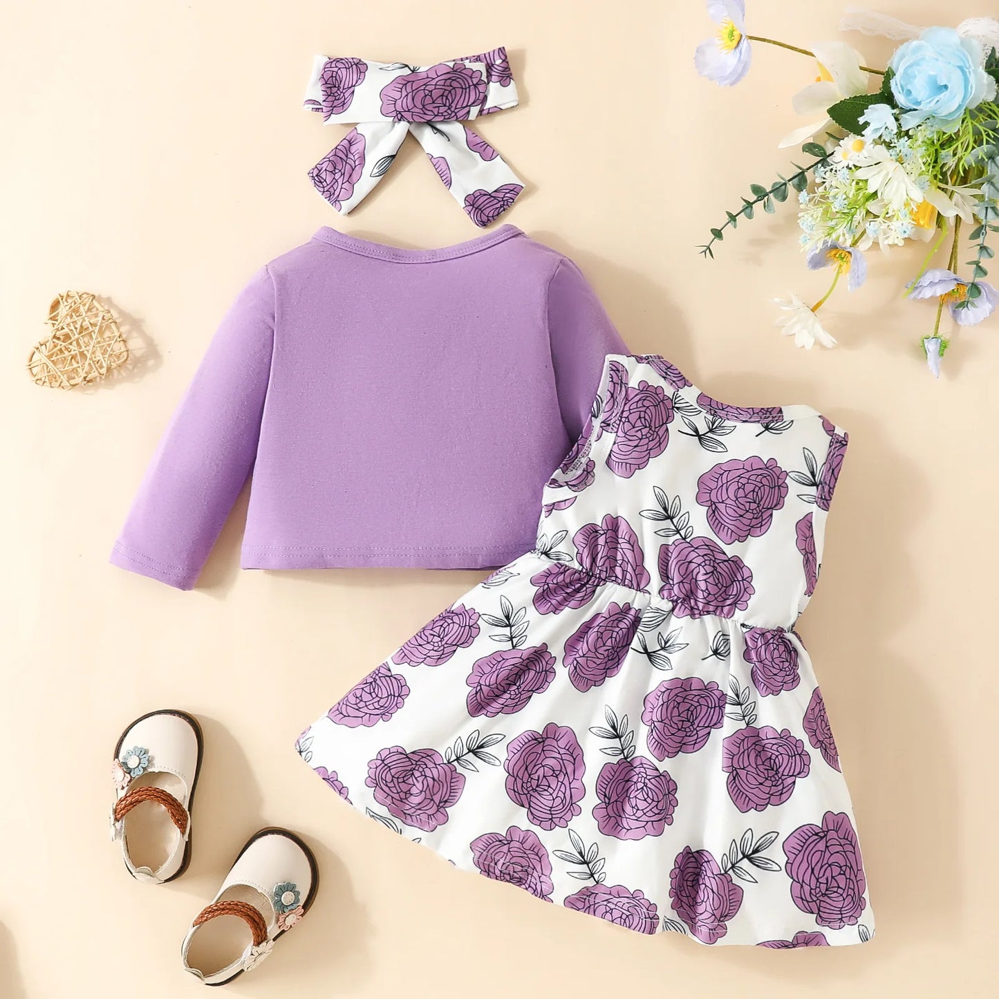 Ensemble 3 pièces robe et veste à manche longue avec nœud pour bébé filles du 6 mois au 3 ans