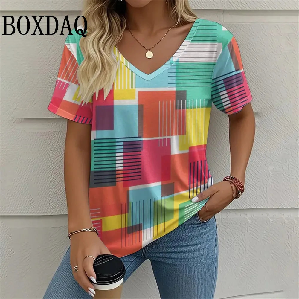 T-Shirt d'été à manches courtes et col en V imprimé graphique du 1XL au 8XL