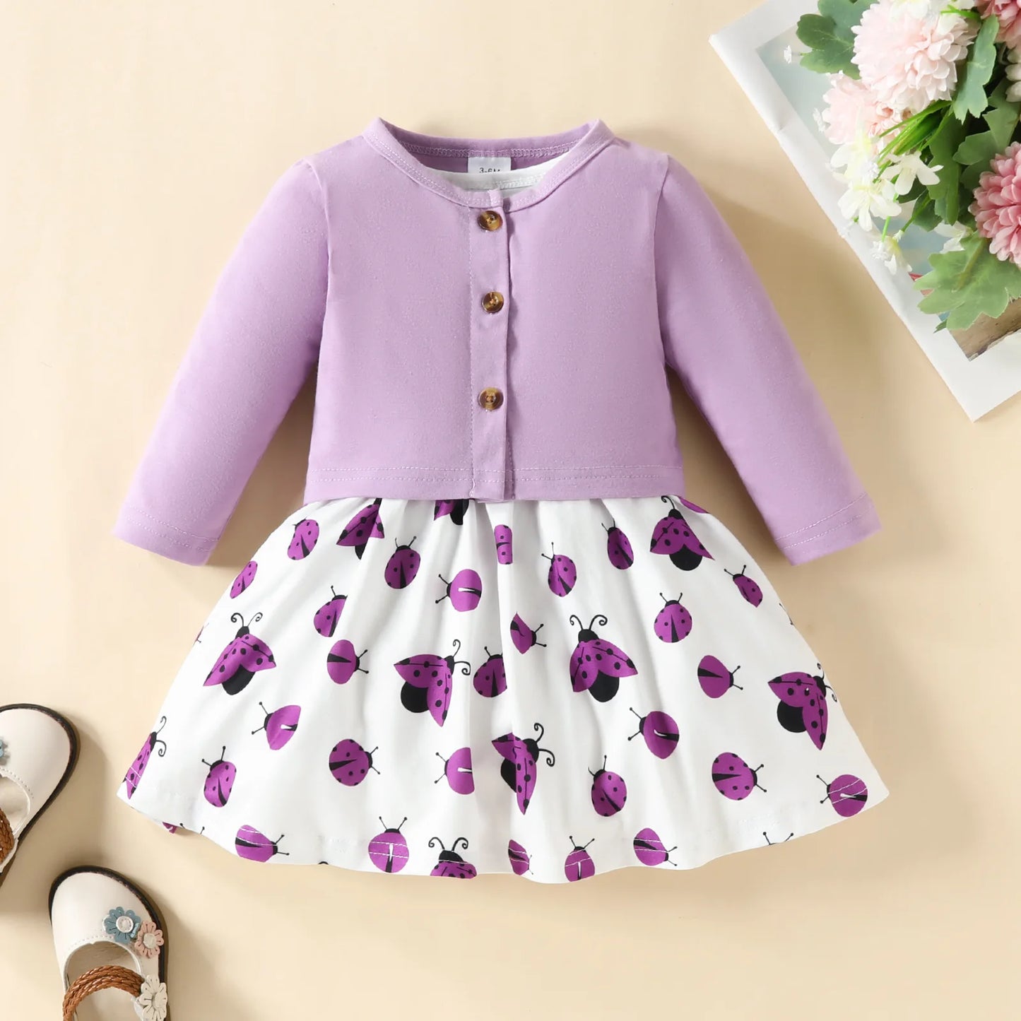 Ensemble 3 pièces robe et veste à manche longue avec nœud pour bébé filles du 6 mois au 3 ans