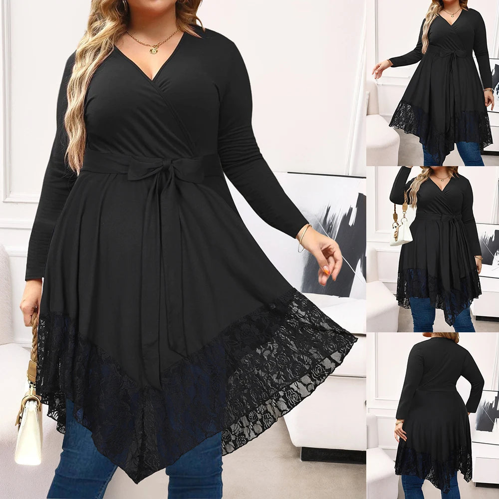 Robes chemise en Y à col en V manches longues, grande taille