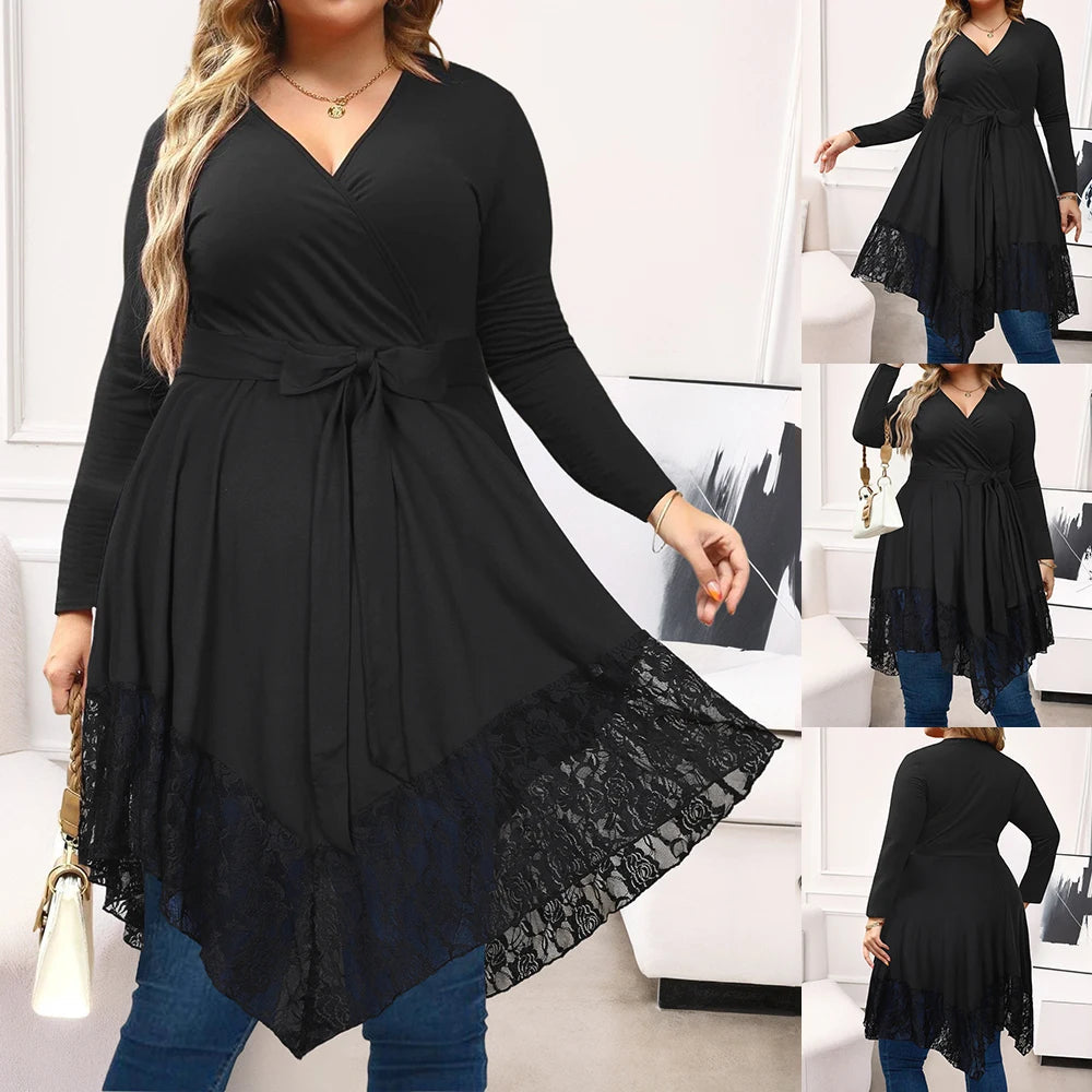 Robes chemise en Y à col en V manches longues, grande taille MAEJORKEN