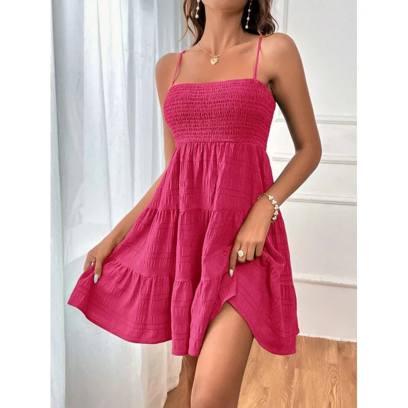 Mode femme Spaghetti sangle smocké Bustier Mini robe bleu à volants à plusieurs niveaux robe trapèze été décontracté vacances vêtements de plage du S au 2XL MAEJORKEN