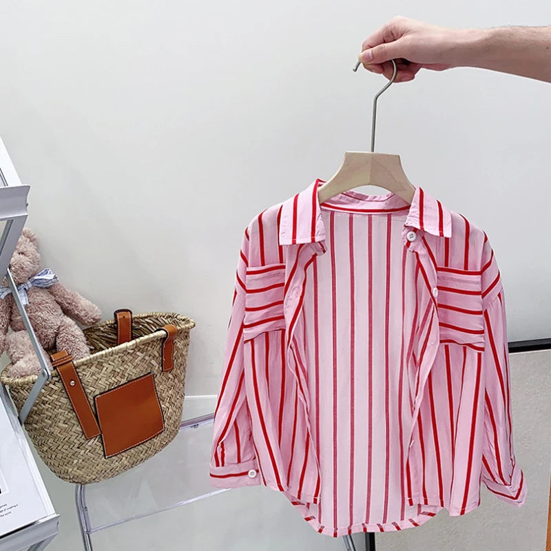Ensemble 3 pièces chemise rayée à manches longues + débardeur + short en Denim de 3 a 7 ans