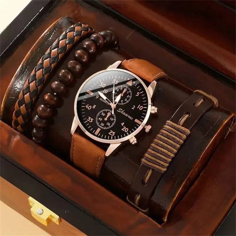 Nouveau Hommes Montre De Luxe Bracelet Ensemble Mode D'affaires Brun En Cuir Quartz ( boite non inclus ) MAEJORKEN