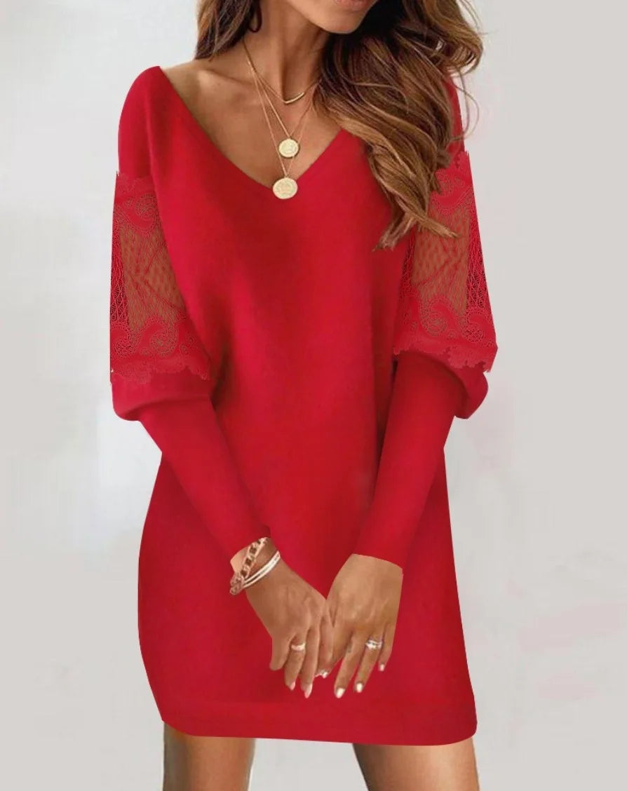 Robe pull en tricot à col en V dentelle ample manche longue du S au 2XL