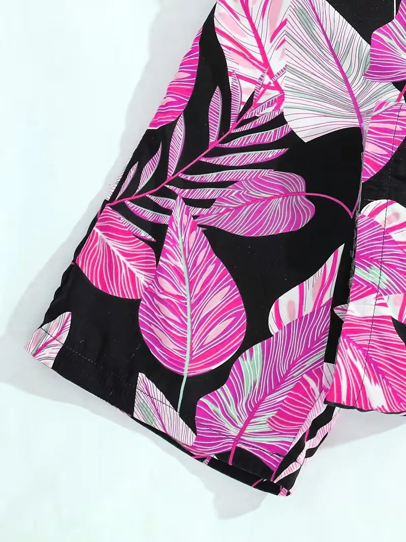 Combinaison tropicale pour filles – Haut noir sans manches avec pantalon à jambes larges à imprimé feuilles roses pour l'été MAEJORKEN