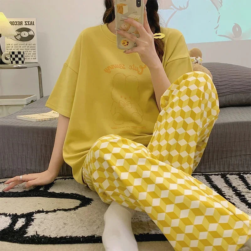 Pyjama doux en coton à manches courtes et pantalon imprimé du M au 3XL