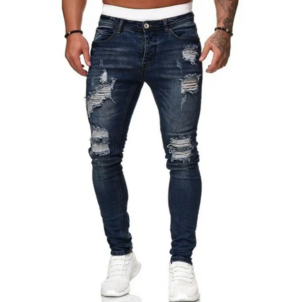 Jeans coupe ajustée déchiré plissé genou du M au 3XL