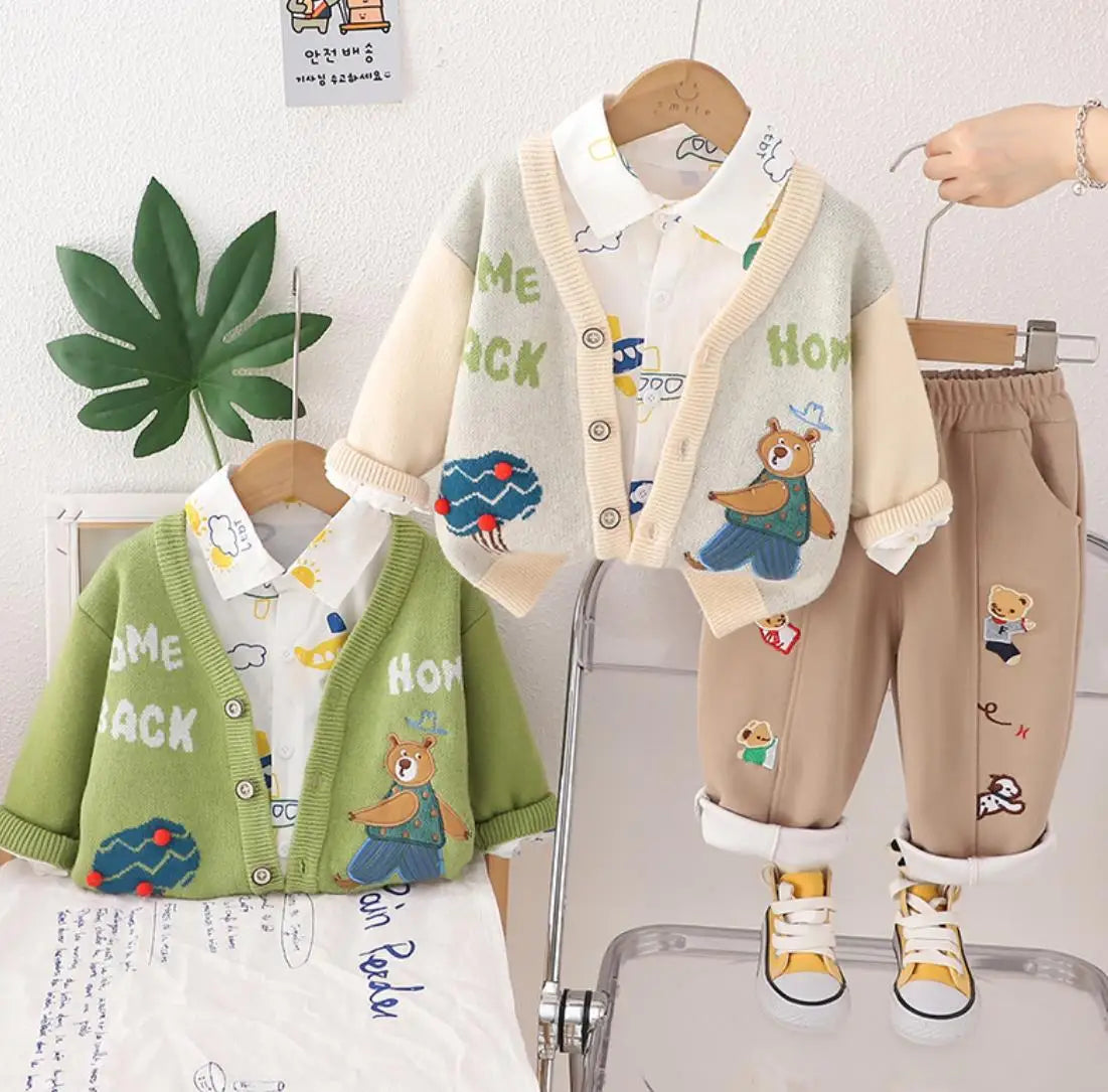 Ensemble 3 pièces pour Bébé Garçon Cardigan, Chemise, pantalon du 6 mois au 5 ans