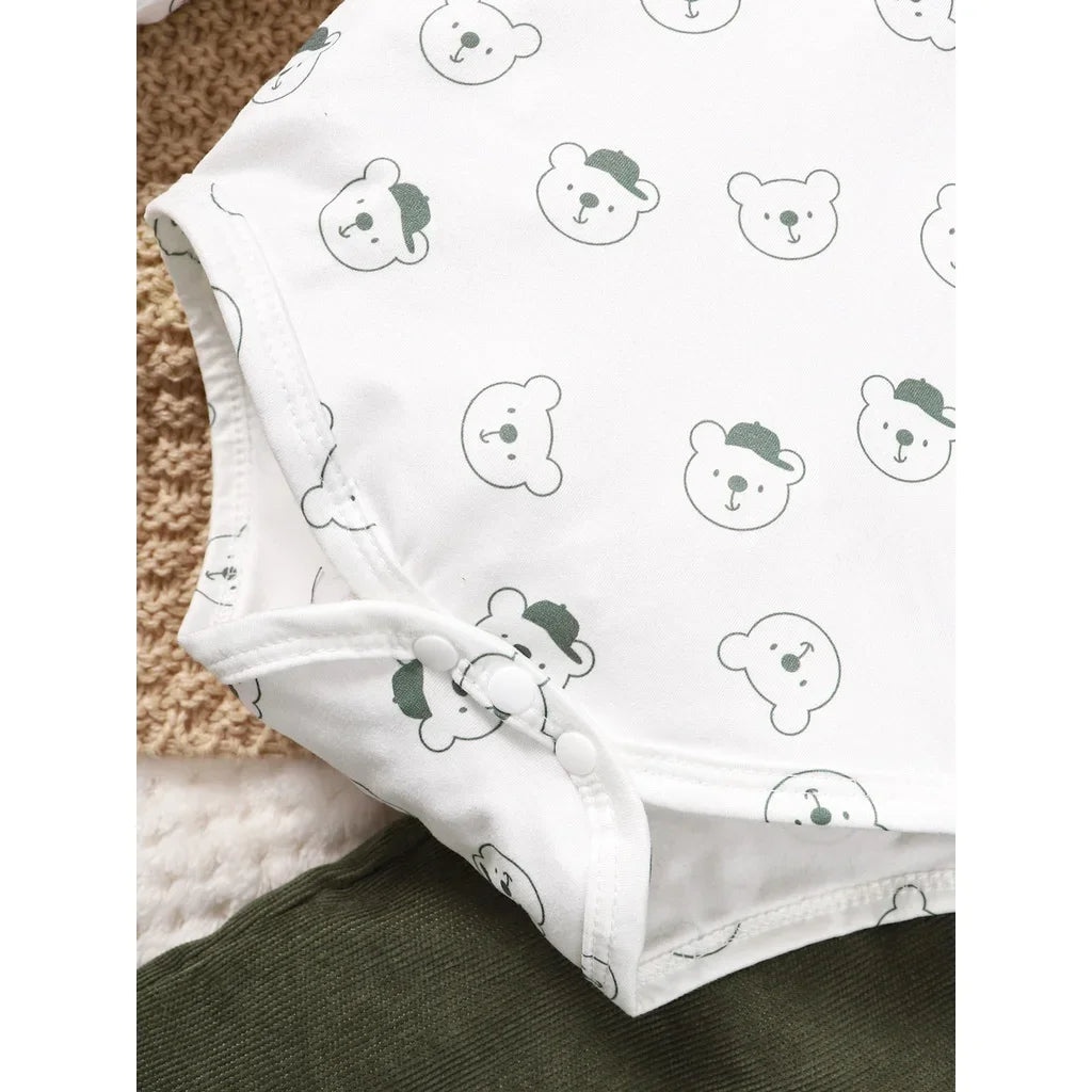 Ensemble 2 pièces pour bébé garçon body imprimé ours avec salopette verte du 3 au 24 mois