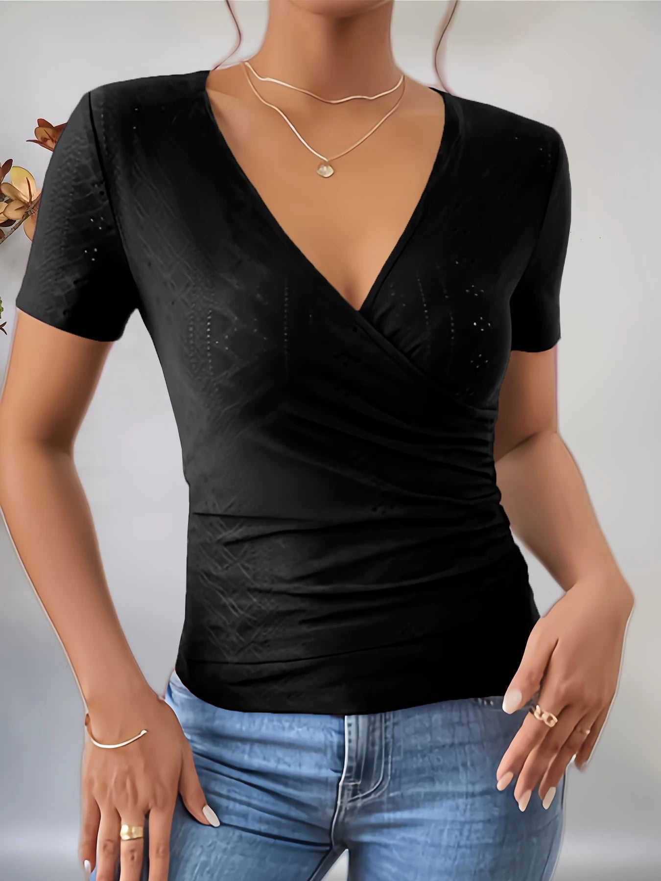 T-shirt ajouré pour femmes, nouveau style, col en v, boutonné, slim, décontracté MAEJORKEN