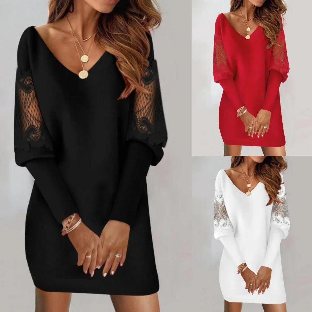 Robe pull en tricot à col en V dentelle ample manche longue du S au 2XL