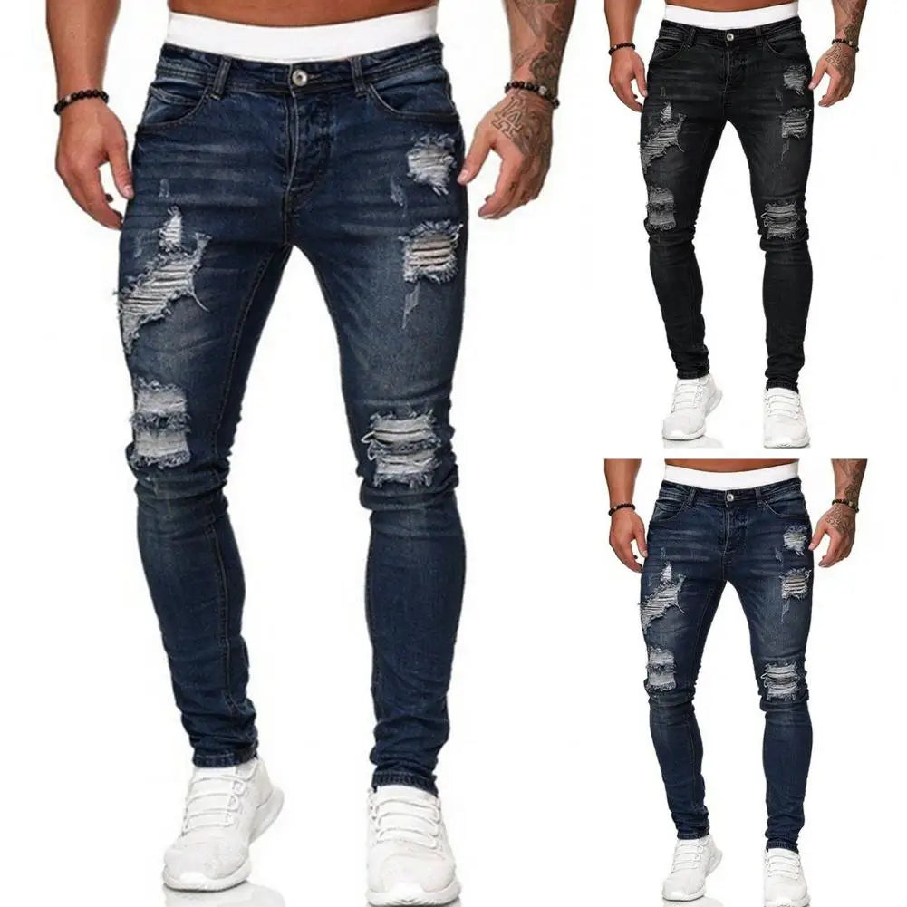 Jeans coupe ajustée déchiré plissé genou du M au 3XL