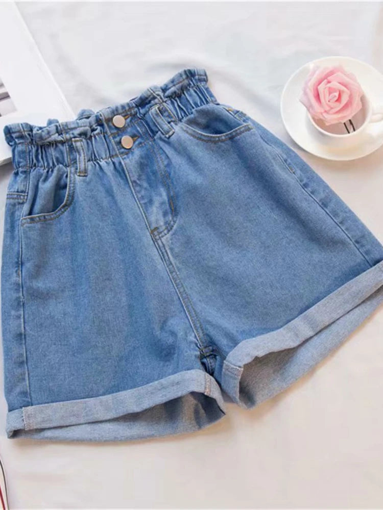 Short en denim en coton bleu taille élastique MAEJORKEN
