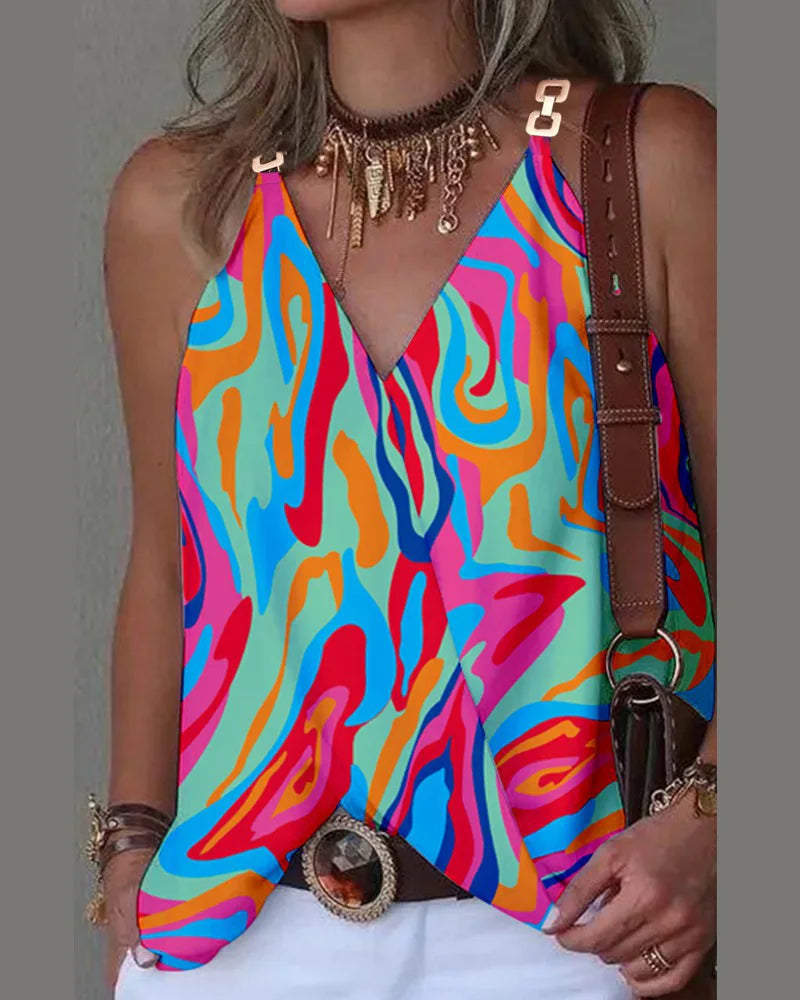 Débardeur chic imprimé floral col en V métal du S au 2XL