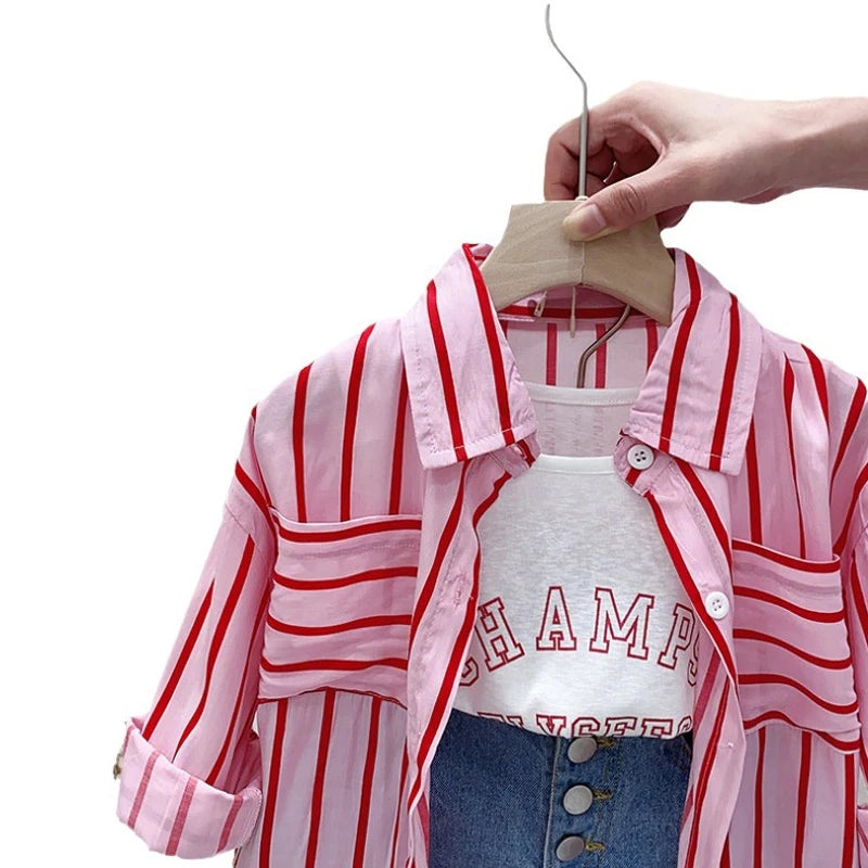 Ensemble 3 pièces chemise rayée à manches longues + débardeur + short en Denim de 3 a 7 ans