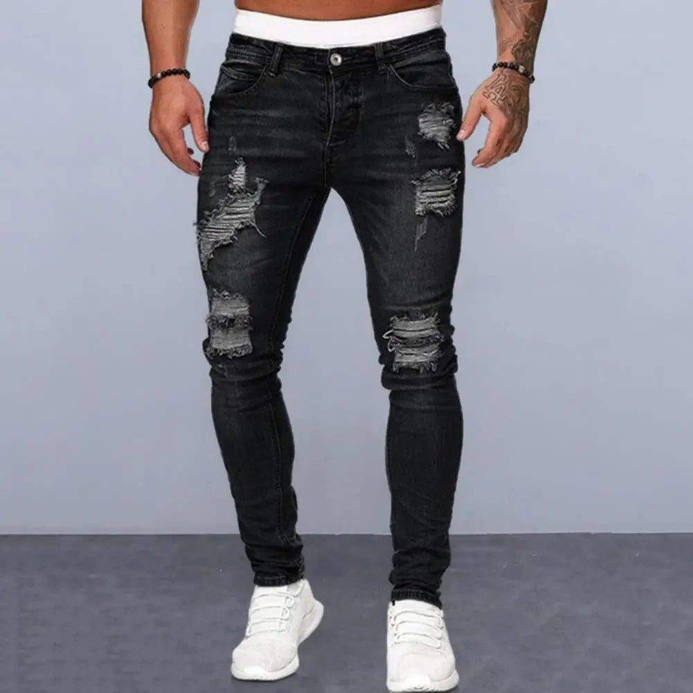 Jeans coupe ajustée déchiré plissé genou du M au 3XL