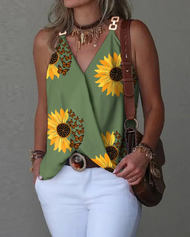 Débardeur chic imprimé floral col en V métal du S au 2XL