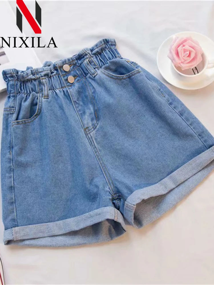 Short en denim en coton bleu taille élastique MAEJORKEN