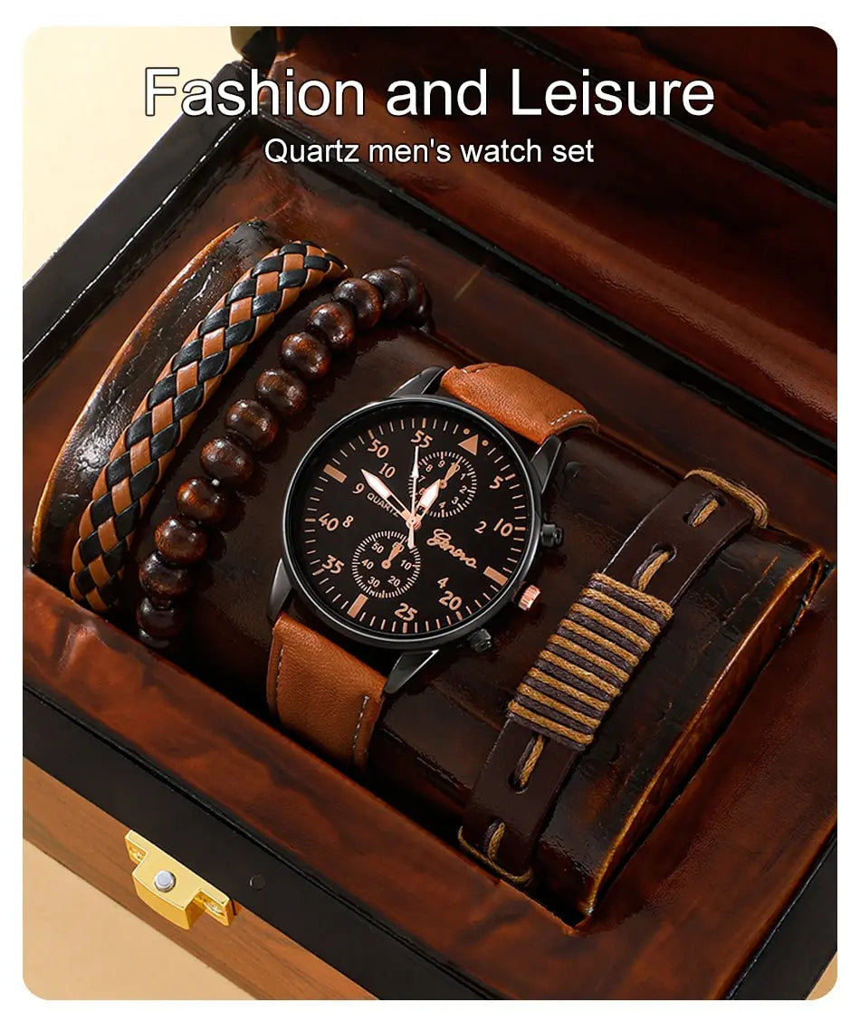 Nouveau Hommes Montre De Luxe Bracelet Ensemble Mode D'affaires Brun En Cuir Quartz ( boite non inclus ) MAEJORKEN