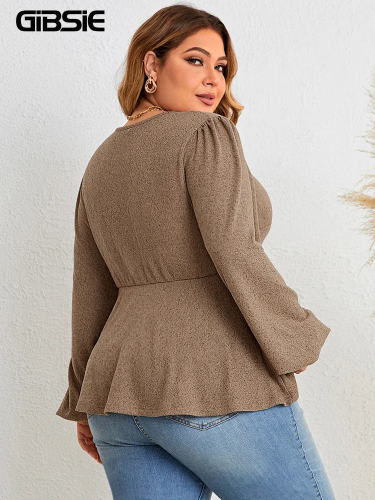 Haut péplum à col en V tunique vintage, manches lanterne du XL au 4XL