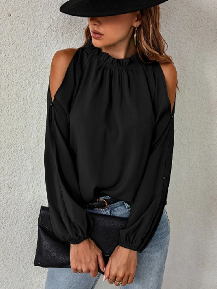 Chemise plissée à manches longues et col rond pour femme, épaules dénudées, Sexy, couleur unie, bureau quotidien, élégant, polyvalent, printemps MAEJORKEN