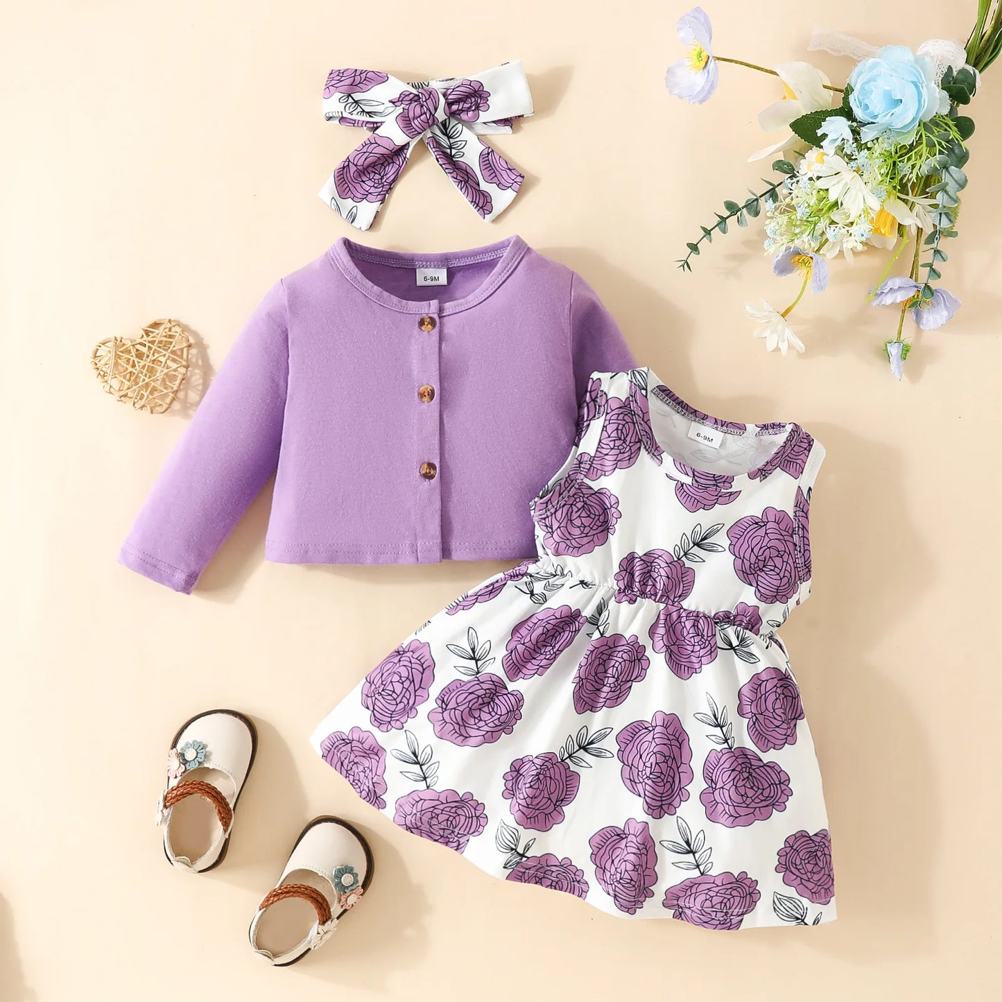Ensemble 3 pièces robe et veste à manche longue avec nœud pour bébé filles du 6 mois au 3 ans