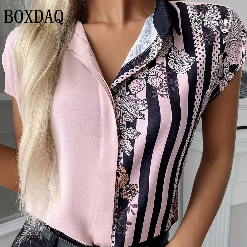 Femmes chemises simples mode rayé imprimé fleuri Blouse été plage revers décontracté hauts femmes grande taille bouton ample à manches courtes MAEJORKEN