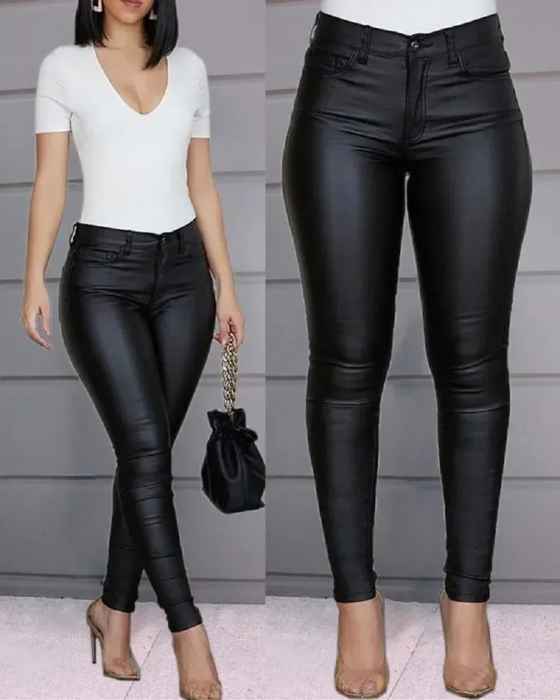 Pantalons en cuir PU noir Sexy Stretch moulante MAEJORKEN