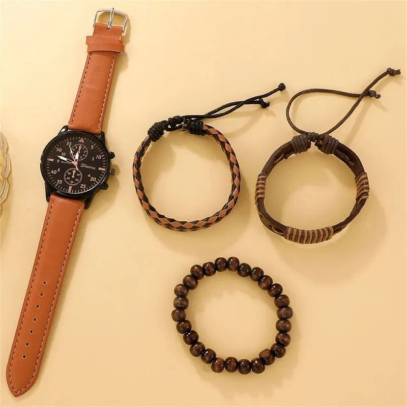 Nouveau Hommes Montre De Luxe Bracelet Ensemble Mode D'affaires Brun En Cuir Quartz ( boite non inclus ) MAEJORKEN