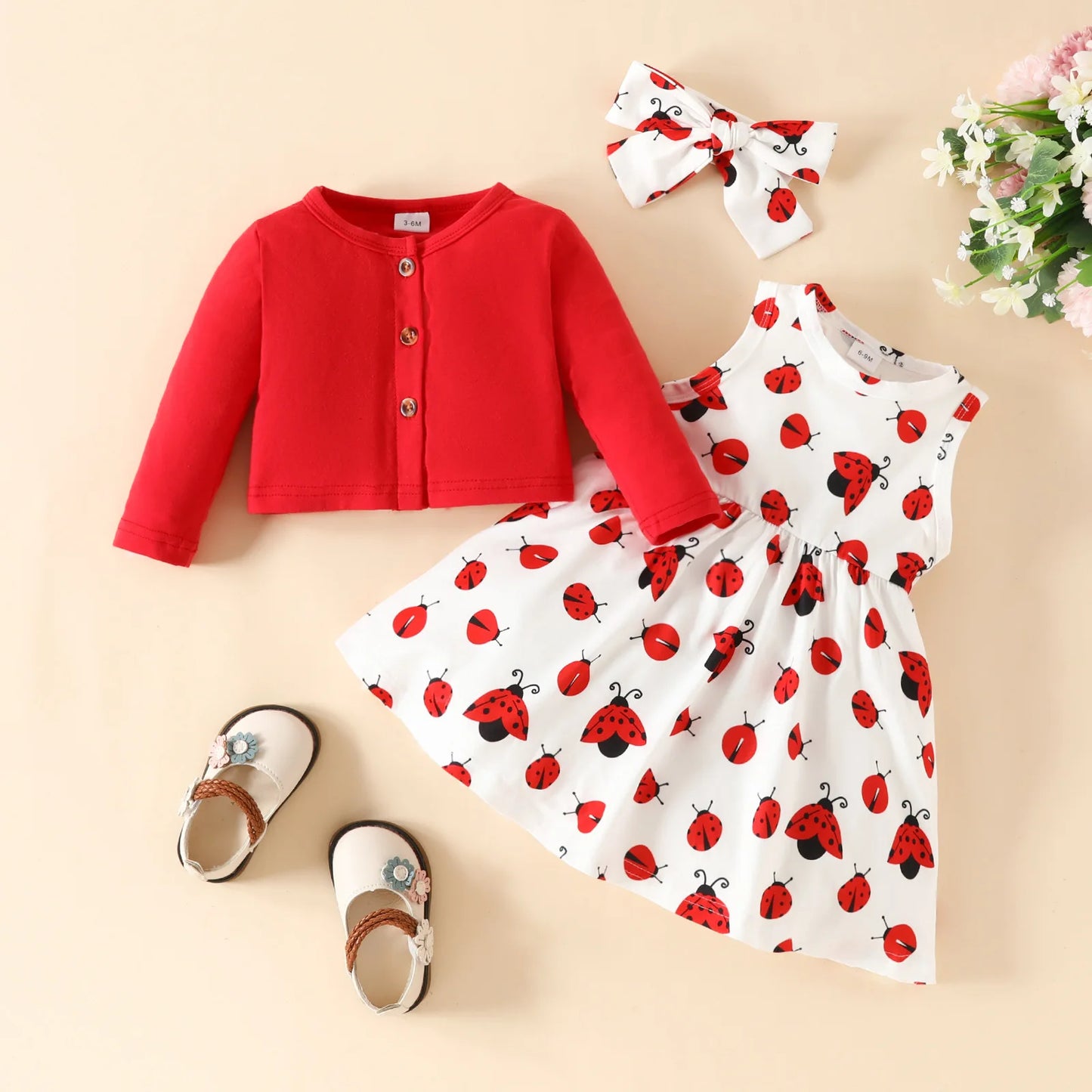 Ensemble 3 pièces robe et veste à manche longue avec nœud pour bébé filles du 6 mois au 3 ans