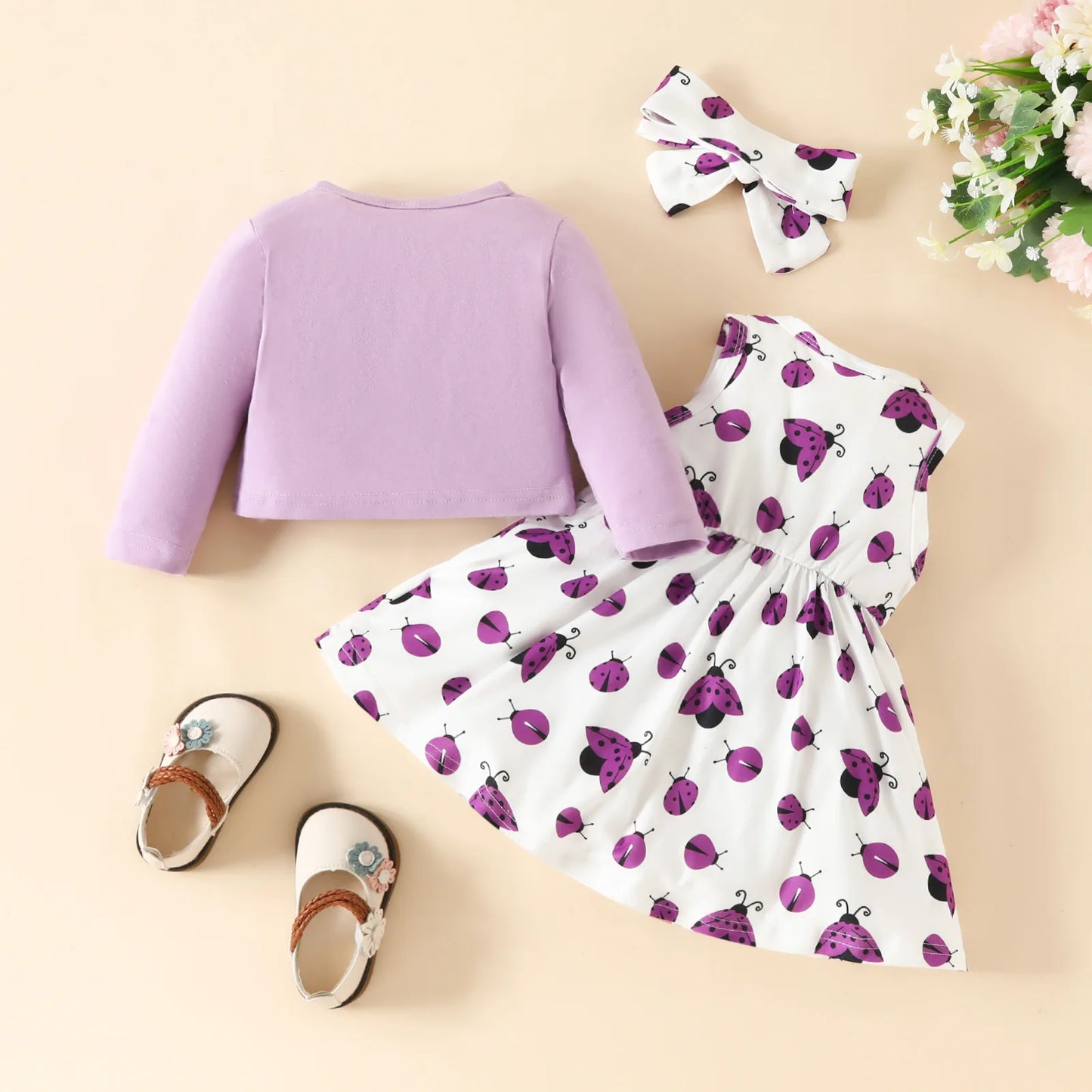 Ensemble 3 pièces robe et veste à manche longue avec nœud pour bébé filles du 6 mois au 3 ans