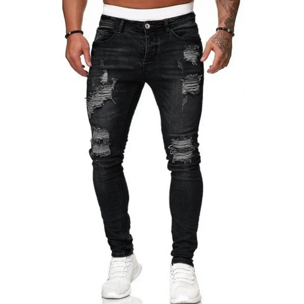 Jeans coupe ajustée déchiré plissé genou du M au 3XL