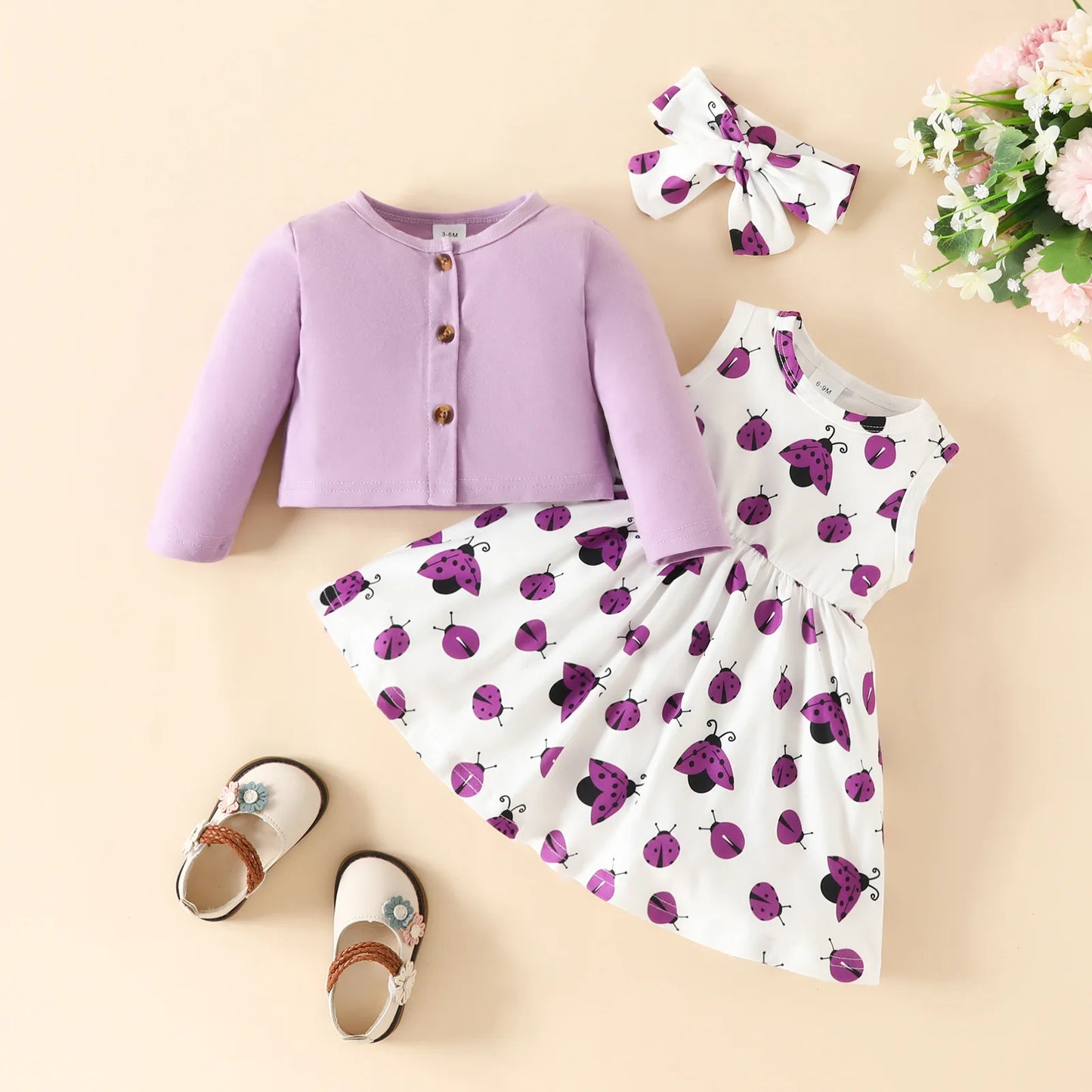 Ensemble 3 pièces robe et veste à manche longue avec nœud pour bébé filles du 6 mois au 3 ans