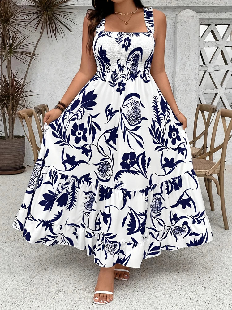 Grande taille 2025 été nouvelle robe florale de vacances licou avec ourlet à volants et buste froncé robe grande taille Polyester MAEJORKEN