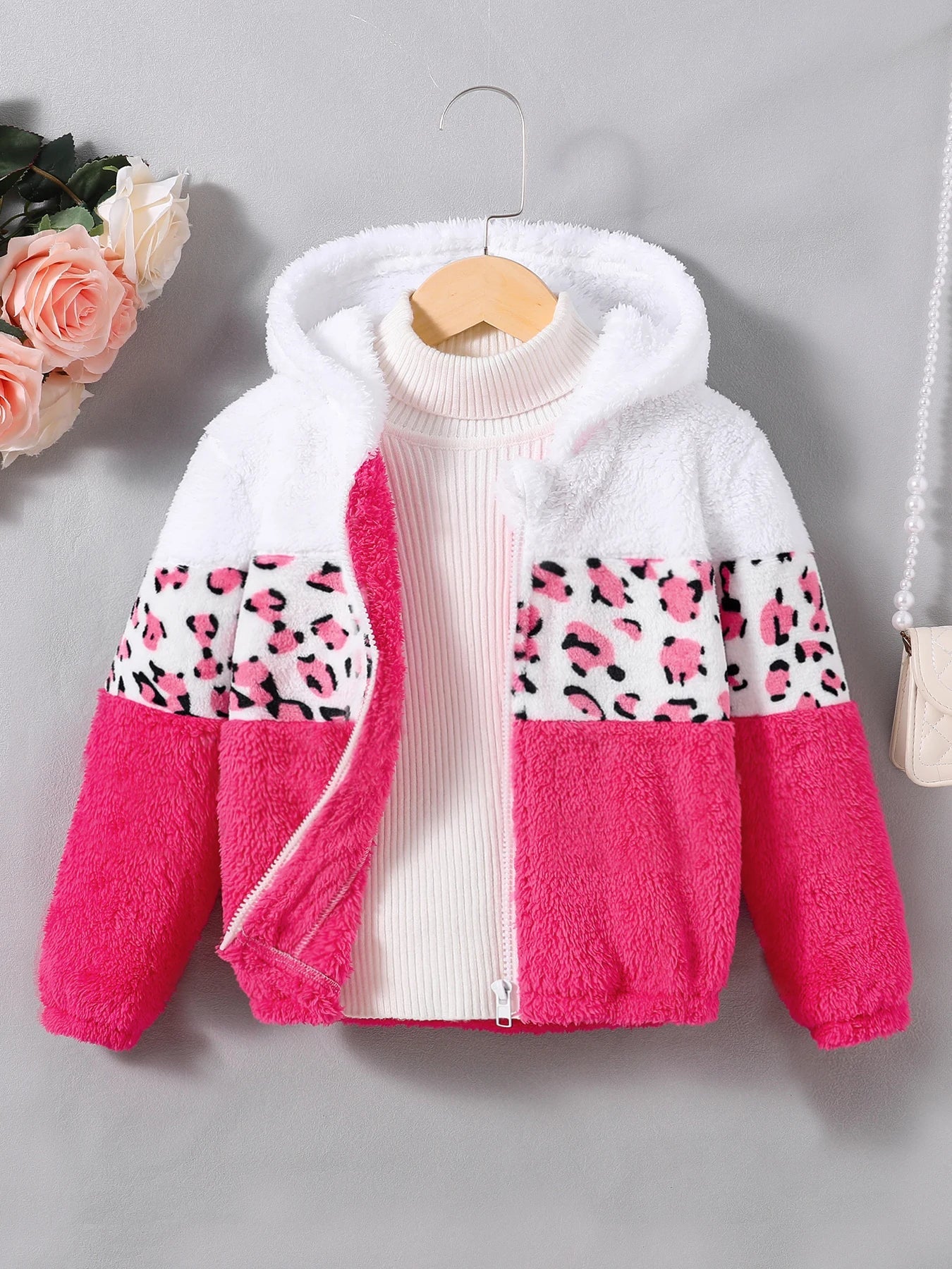 Manteau à capuche en fourrure bicolore pour filles MAEJORKEN