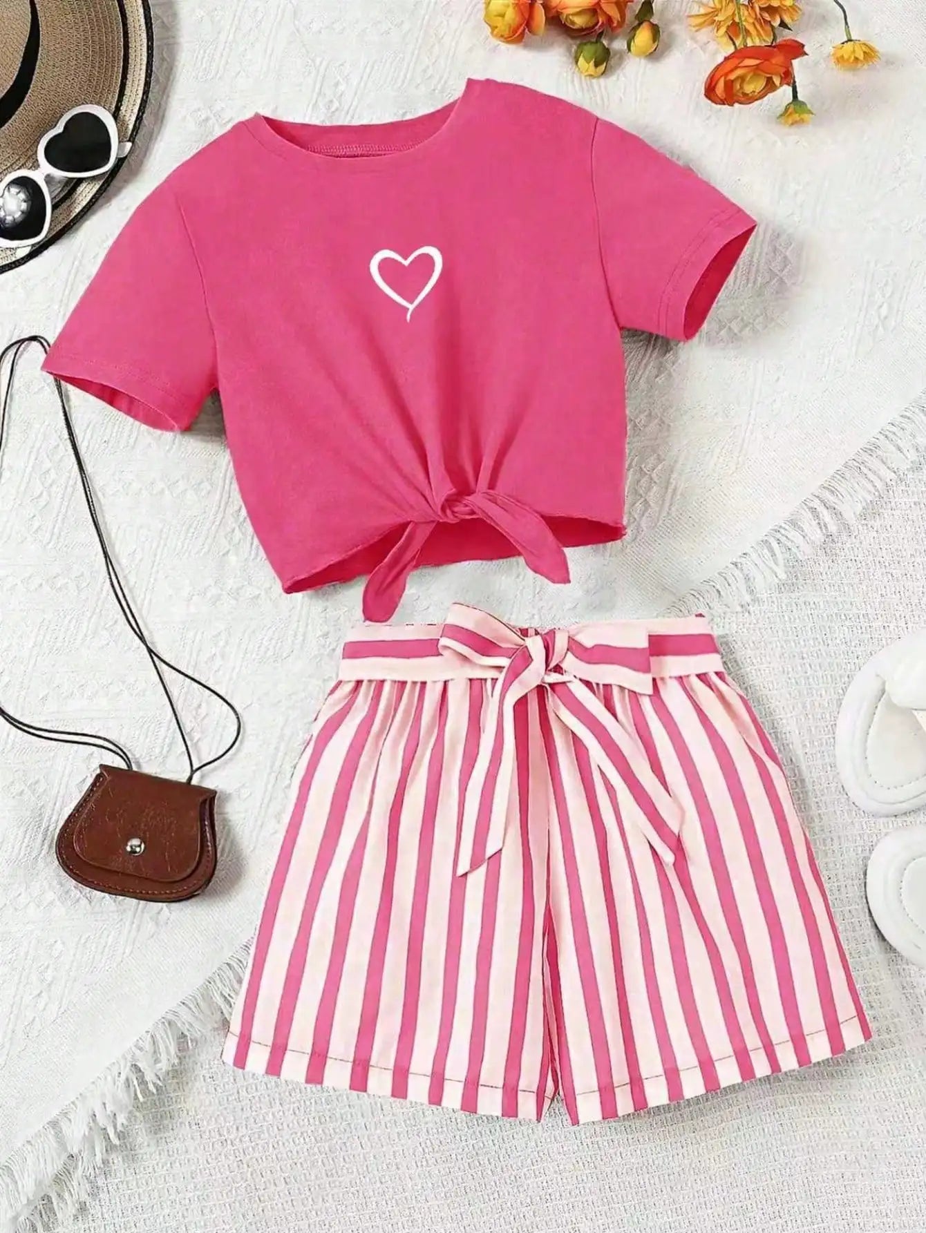 Ensemble 2 pièces décontracté pour femme : T-shirt à manches courtes imprimé cœur et short imprimé rayé, avec ceinture rayée assortie (vêtements pour enfants) MAEJORKEN