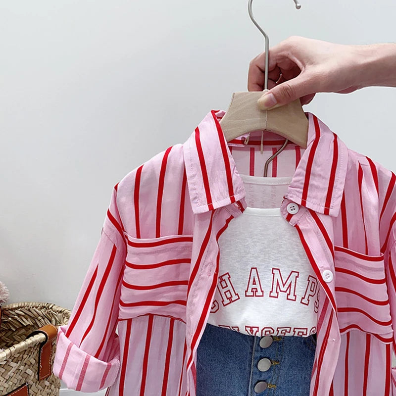 Ensemble 3 pièces chemise rayée à manches longues + débardeur + short en Denim de 3 a 7 ans