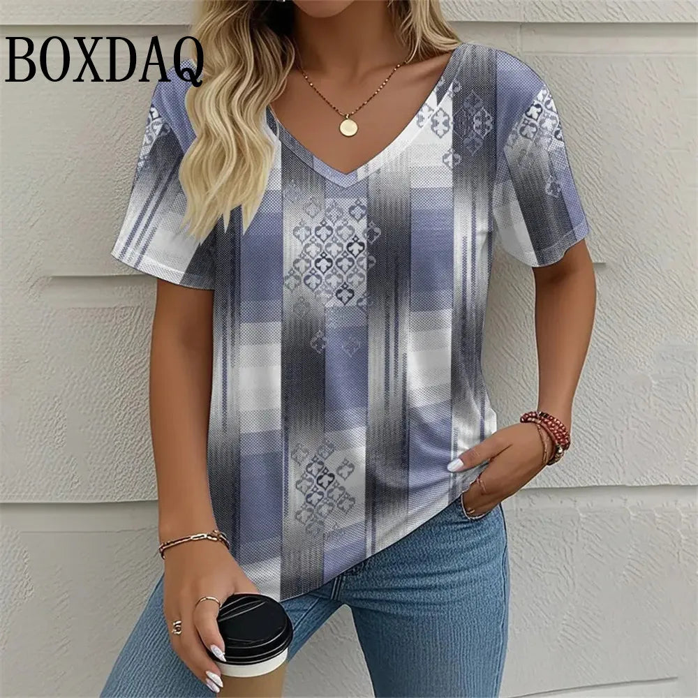 T-Shirt d'été à manches courtes et col en V imprimé graphique du 1XL au 8XL